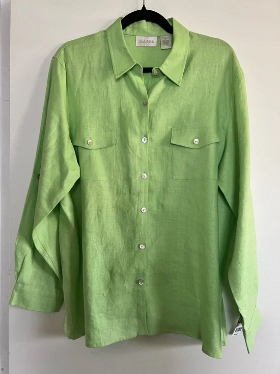 Studio Works Bright Lime Green Collared Linen Top - Picture 5 of 6